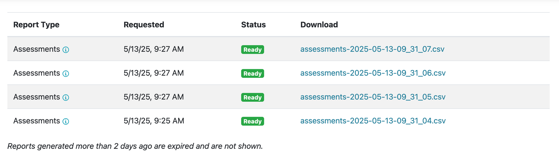 Table of reports with headings of Report Type, Requested (date), Status, Download (link)