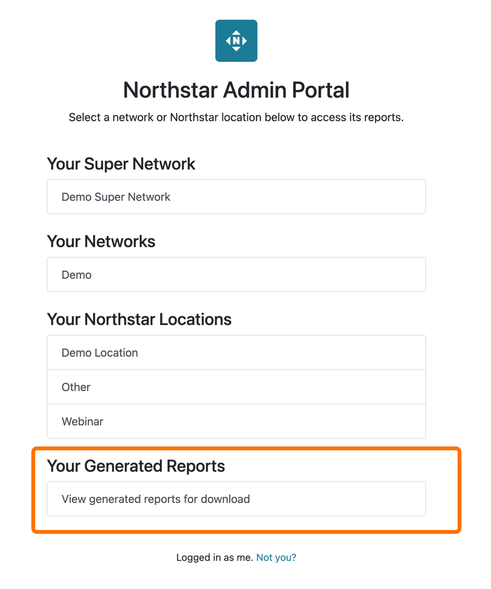 On the landing page of admin portal, one heading is Your Generated Reports with a link 'View generated reports for download'